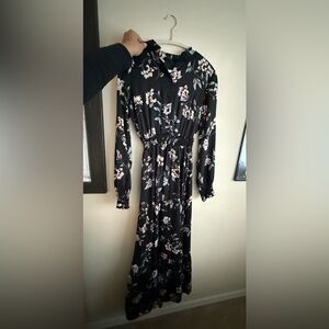 Long Sleeve Black Floral Maxi Dress with Smocked Waist